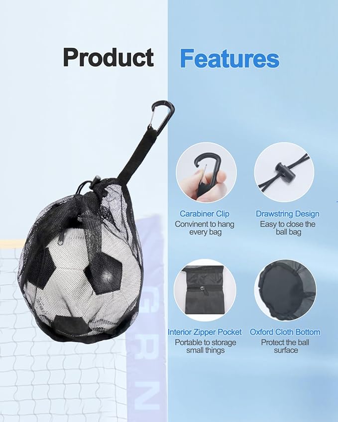 2Pcs Single Mesh Ball Bag for Basketball Soccer & Volleyball, Lightweight Net Storage with Zipper Pocket for Sports, Portable Drawstring Bags with Hanging Clip for Men, Women & Athletes, Black