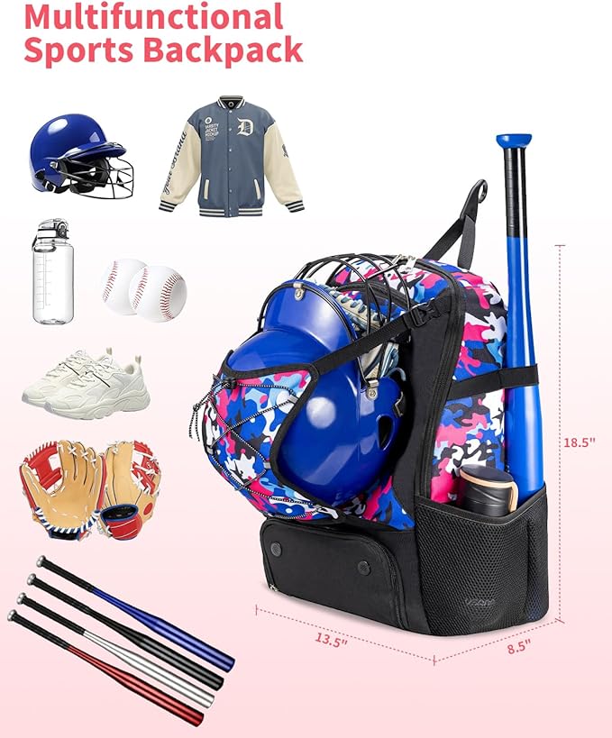Youth Baseball Bag, Softball Bat Bag for Girls Boys & Adults, Kids Tball Backpack with Shoes Compartment, Large Capacity Equipment Backpack