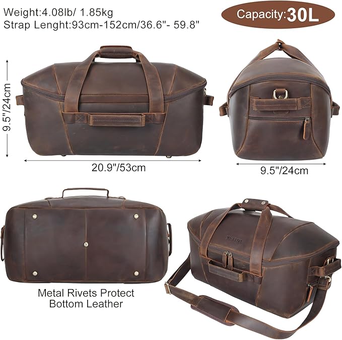 Masa Kawa Leather Duffle Bags for Men Travel Gym Cowhide Weekender Overnight 30L Carry on Luggage Duffel Bag with Dividers Toiletry Wet Pocket, Vintage Brown