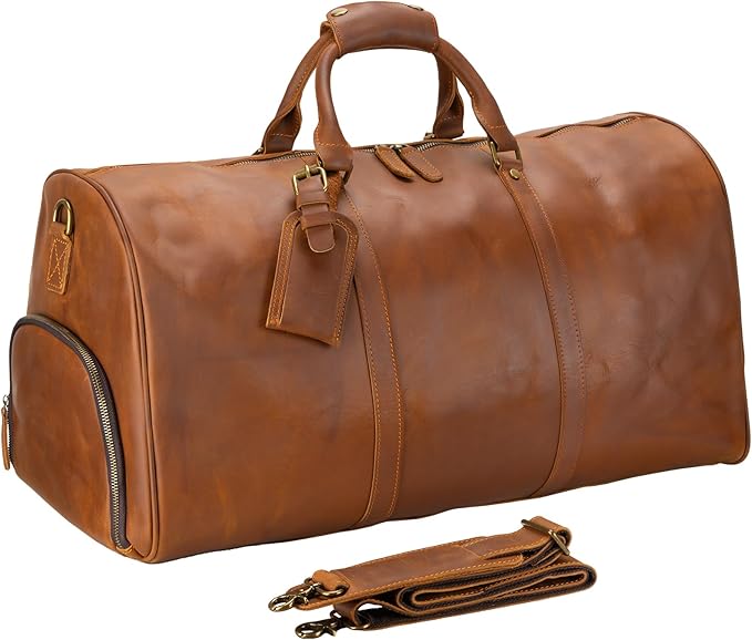 Leather Duffle Bags for Men with Shoe Compartment – 23.6" x 12.6" x 11" Travel Bag, Gym Bag, Also Suitable for Crossbody or Shoulder Carry, Light Brown Large Size