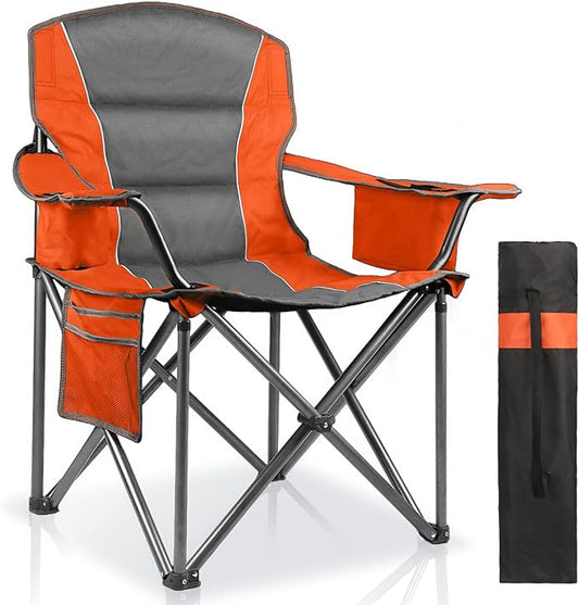 Oversized Padded Camping Chairs for Adults,Heavy Duty Support 400 Lbs,Folding Portable Lawn Chair w/Cup Holder,Cooler Bag,Side Pocket,Perfect for Outdoor Picnic,Hiking(Orange)