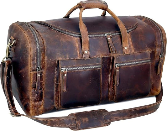 20" Vintage Duffel Classic Style with Modern Outlook Retro Thick Full Grain Cowhide Handmade Airplane Underseat Carry On Bags Leather Gym Overnight Luggage Bag