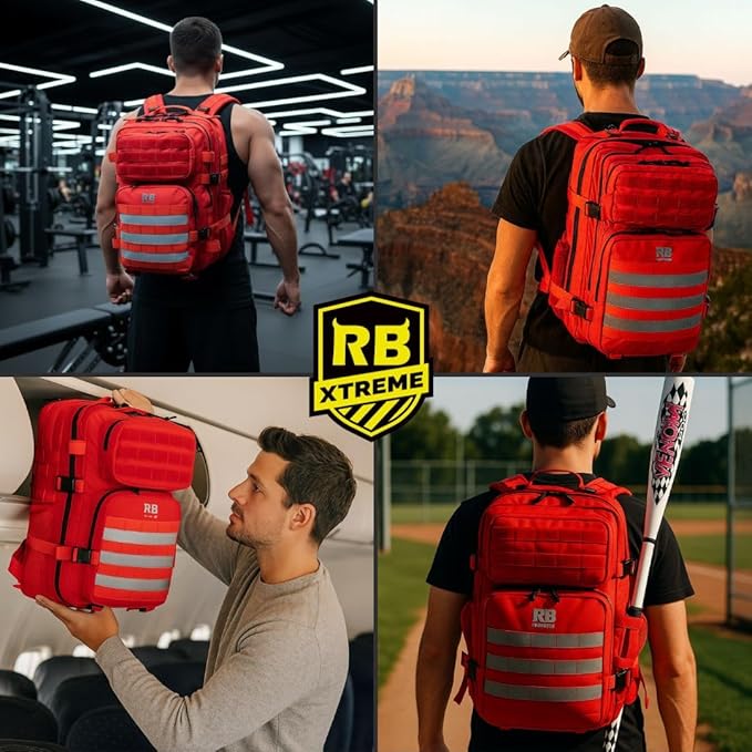 Xtreme 30L Tactical Backpack - Carry-On Travel and Gym Daypack with 16-inch Laptop Sleeve, Stick Holder, Double Bottle Pockets, Recycled-Fabric Shell, Reliable Zippers, Rain Cover (Red)