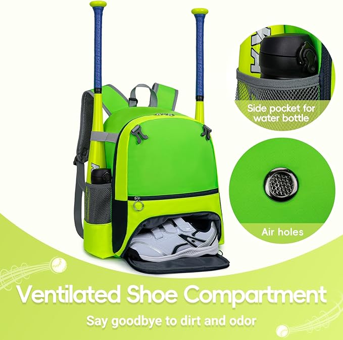 2025 Youth Baseball & Softball Bag | Ultra-Light Tball Backpack with Shoe Compartment & Helmet Holder | Skin-Soft Fabric