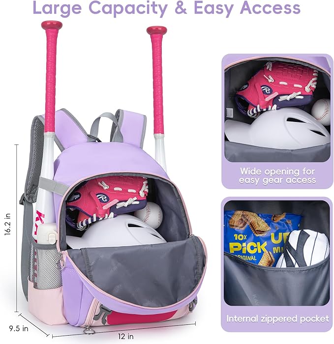 2025 Youth Baseball & Softball Bag | Ultra-Light Tball Backpack with Shoe Compartment & Helmet Holder | Skin-Soft Fabric