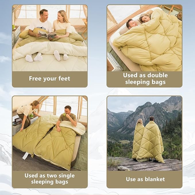 BISINNA Double Sleepinag Bag Flannel for Adults Two Person Camping Sleeping Bag Queen Size for All Season Backpacking Hiking Cold Weather with Compression Sack