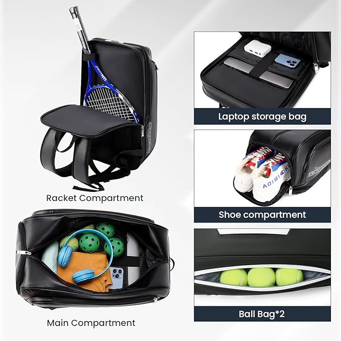 Tennis Racket Bag Pickleball Padel Backpack With Shoe Compartment, Laptop Sleeve,Fence Hook,Ball Sleeve