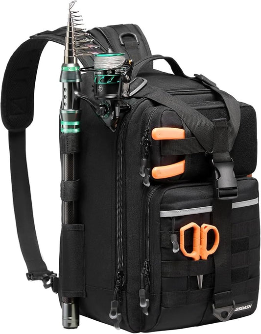 BASSDASH Convertible Fishing Backpack Sling Bag with Rod Holder, Adjustable Tactical Water-Resistant Tackle Storage Pack FP07