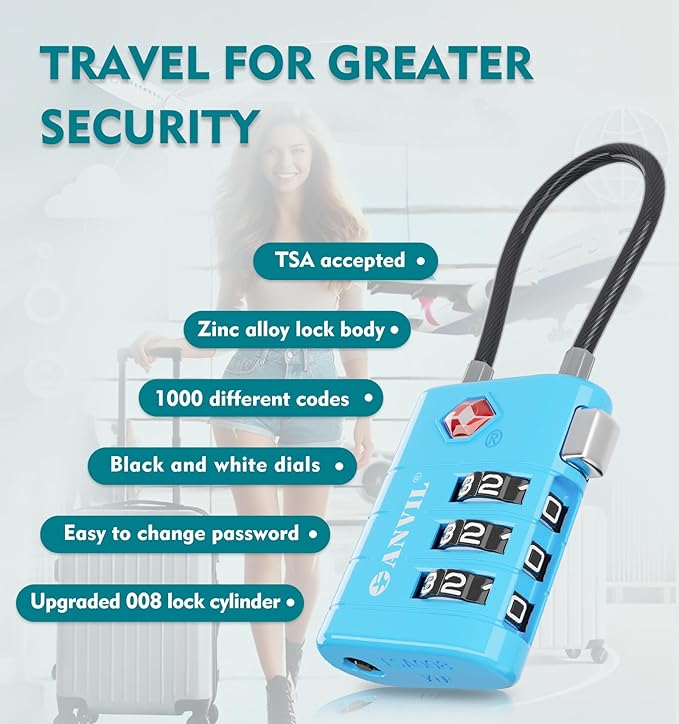 ANVIL TSA Approved Luggage Locks – High Security TSA008 Combination Travel Locks with Inspection Indicator for Suitcases and Backpacks. (3, Bule)