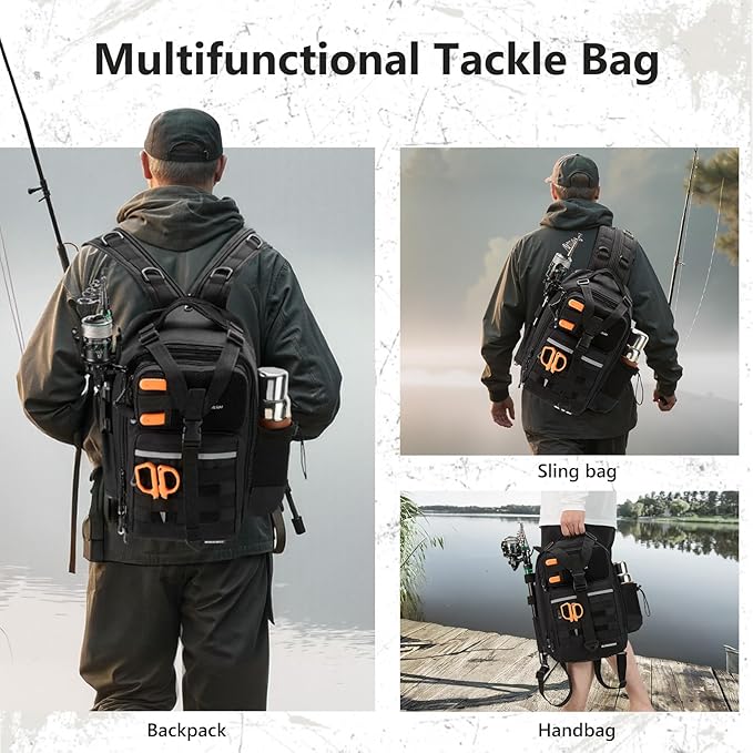 BASSDASH Convertible Fishing Backpack Sling Bag with Rod Holder, Adjustable Tactical Water-Resistant Tackle Storage Pack FP07