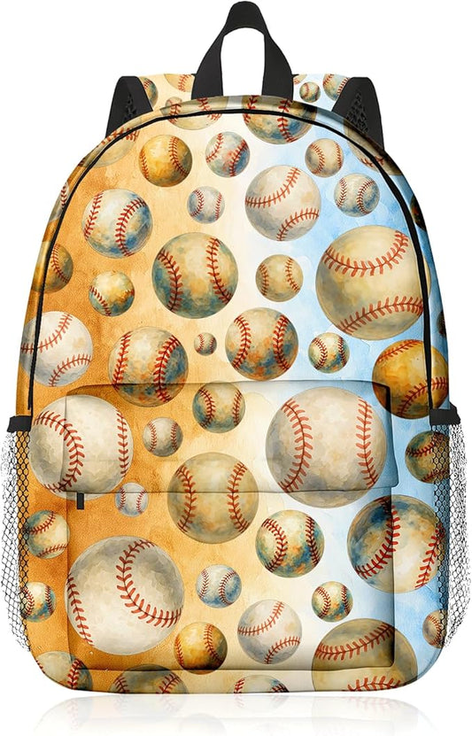 Baseball Backpack for Kids & Youth, 16 Inch Tennis-Themed School Bookbag, Lightweight Polyester Daypack with Front Zip Pocket, Side Bottle Pocket, Padded Adjustable Straps, Unisex