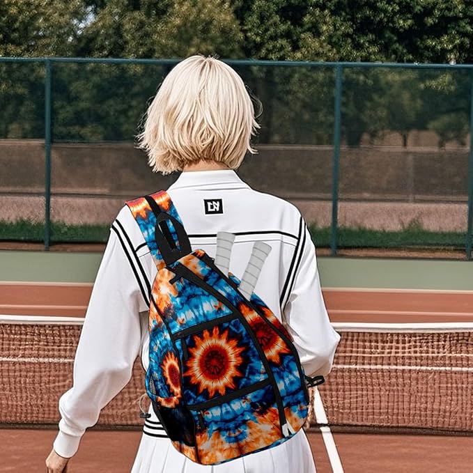 Pickleball Bag Blue Orange Tie Dye Pickle Ball Backpack for Women Men Premium Lightweight Crossbody Sling Bag Sports Backpack for Pickleball Paddle Tennis