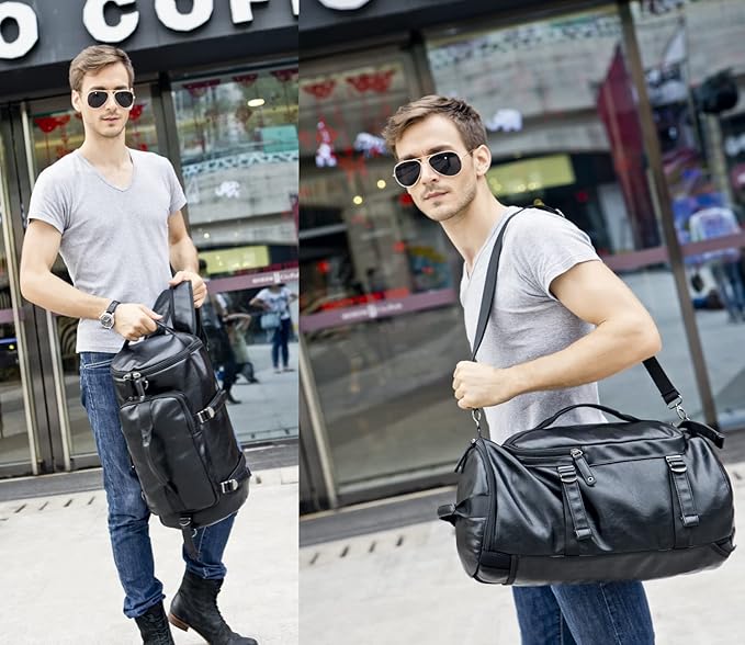 Baosha Stylish Vegan Leather Men Weekender Travel Duffel Tote Bag Backpack Hybrid Travel Hiking Rucksack Overnight Bag Convertible HB-26 (Black)