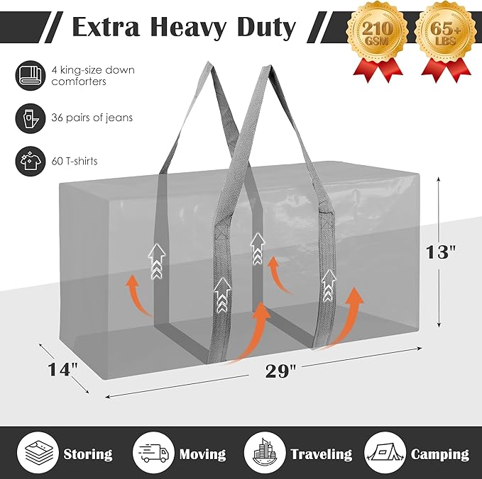 6 Pack Extra Heavy Duty Large Moving Bags with Reinforced Zipper & Wide Handles, Waterproof Storage Bins for Clothes, College Dorm, Travel, and Home Organization, Gray