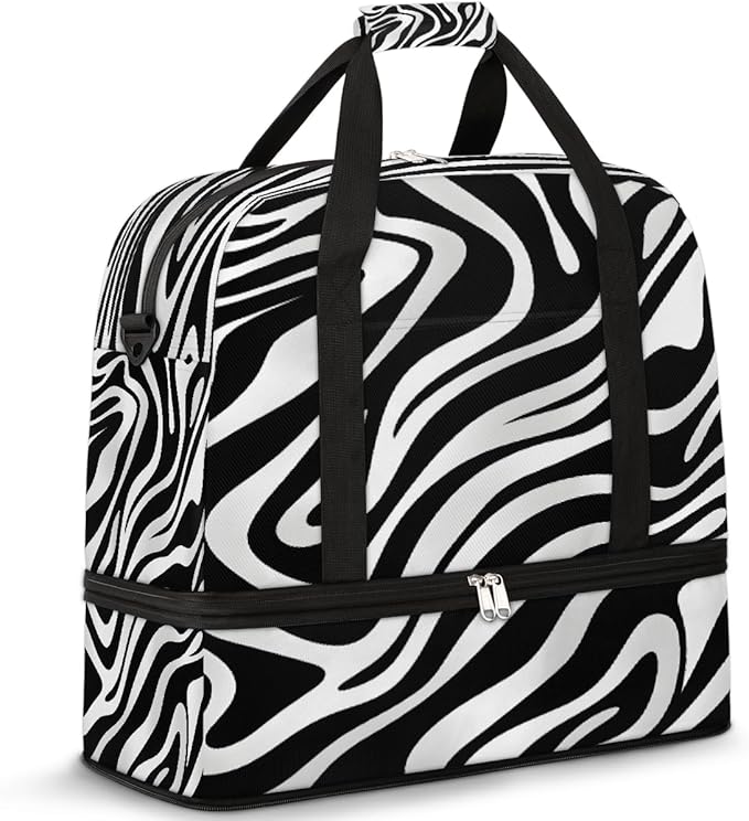 Black And White Zebra Stripes Travel Duffle Bags With Shoes Compartment for Women Men Weekender Overnight Bag Foldable Sports Tote Gym Carry On Luggage Handlebag for Travel Yoga Hospital Workout