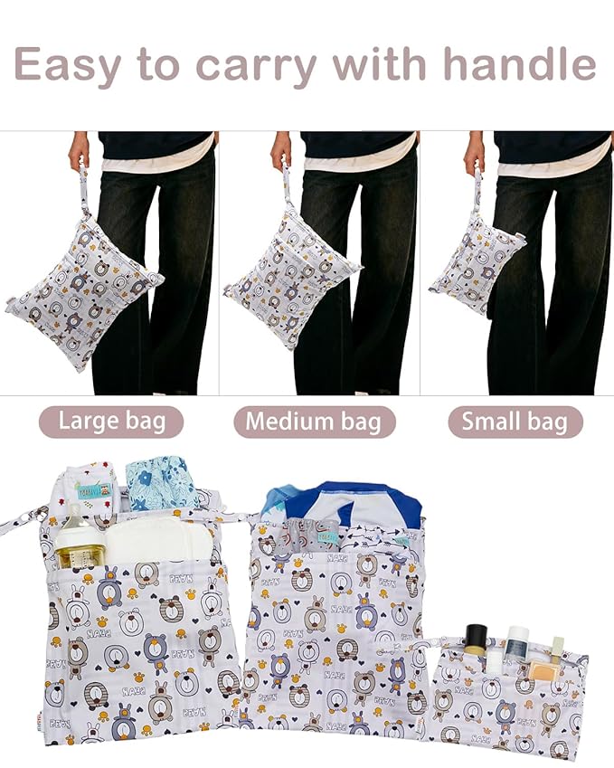 ALVABABY 3pcs Cloth Diaper Wet Dry Bags Waterproof Reusable with Two Zippered Pockets Travel Beach Pool Daycare Soiled Baby Items Yoga Gym Bag for Swimsuits or Wet Clothes 3L-SML11