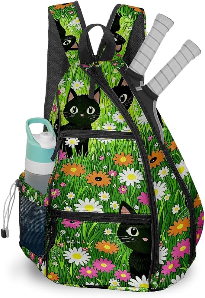 Pickleball Bag Cartoon Cats Green Pickle Ball Backpack for Women Men Premium Lightweight Crossbody Sling Bag Sports Backpack for Pickleball Paddle Tennis