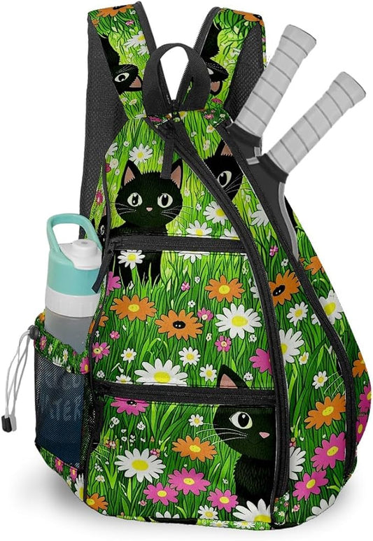 Pickleball Bag Cartoon Cats Green Pickle Ball Backpack for Women Men Premium Lightweight Crossbody Sling Bag Sports Backpack for Pickleball Paddle Tennis