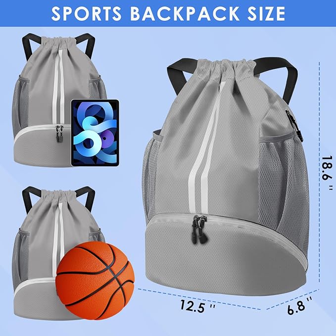 BROTOU Soccer Bags, Football Backpack, Volleyball Bag, Drawstring Backpack with Ball and Shoe Compartment, Football bags for Equipment Swim Gym Bag