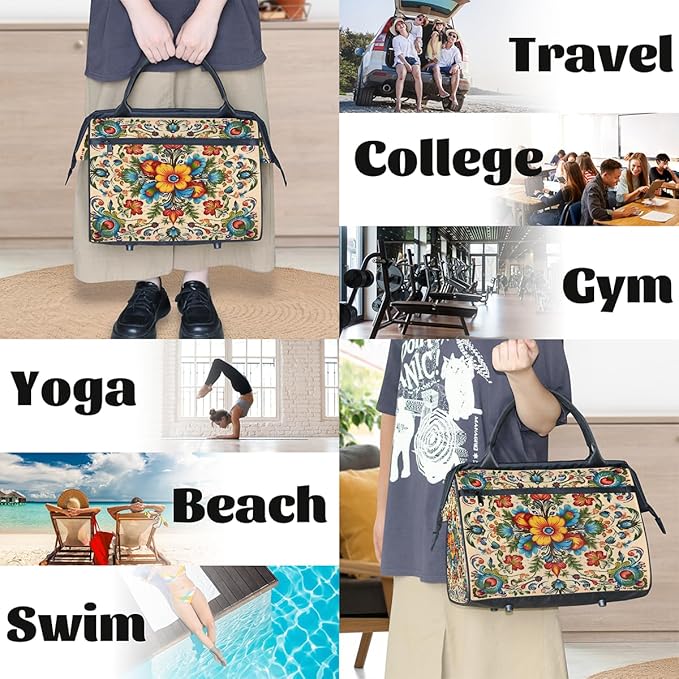 Travel Duffle Bag, Ethnic Floral Mandala Flower Overnight Weekender Tote Bag for Women Men Waterproof Carry On Luggage with Zipper Lightweight Sport Gym Bag for Traveling Yoga Camping Traveling Gifts