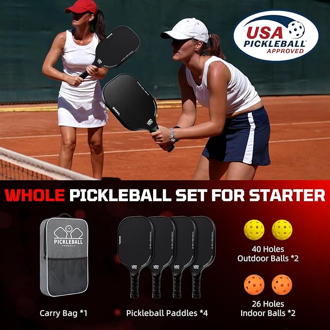 BAGAIL Pickleball Paddles, USAPA Approved Fiberglass Surface Pickleball Set, Lightweight Pickle Ball Rackets with 4 Balls, 1 Bag, Designed in California for Traction and Stability