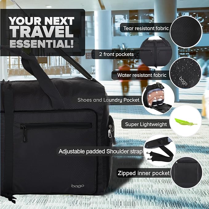 Bago Foldable Duffel Bags for Traveling Women & Men - 60L Medium Packable Duffle Bag for Travel with Shoe Compartment - Water Repellant, Heavy Duty, Lightweight Folding & Collapsible (All Black)