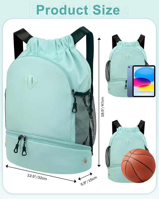 Drawstring Backpack Gym Backpack with Shoe Compartment for Men Women String Sports Bag with Wet Pocket Cinch Swim Beach Bag, Mint Green (Patent Pending)