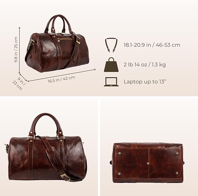 Full Grain Leather Small Duffel Bag Gym Bag Weekender Overnight Unisex Brown - Time Resistance