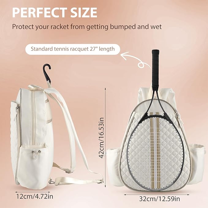 Tennis Racket Bag, Tennis Bags for Women, Quilted Sling Crossbody Backpack with Hook, Water Resistant Tennis Racket Cover for Pickleball, Racketball