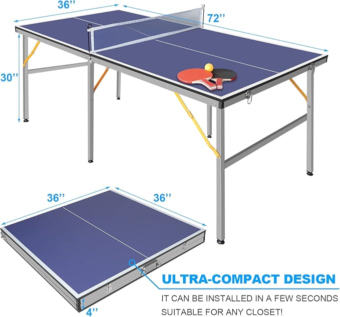 Portable Ping Pong Table,6X3 ft Professional Indoor/Outdoor Table Tennis Tables Game with Net for Adults/Teens,2 Tennis Paddles and 3 Balls- Quick Assembly