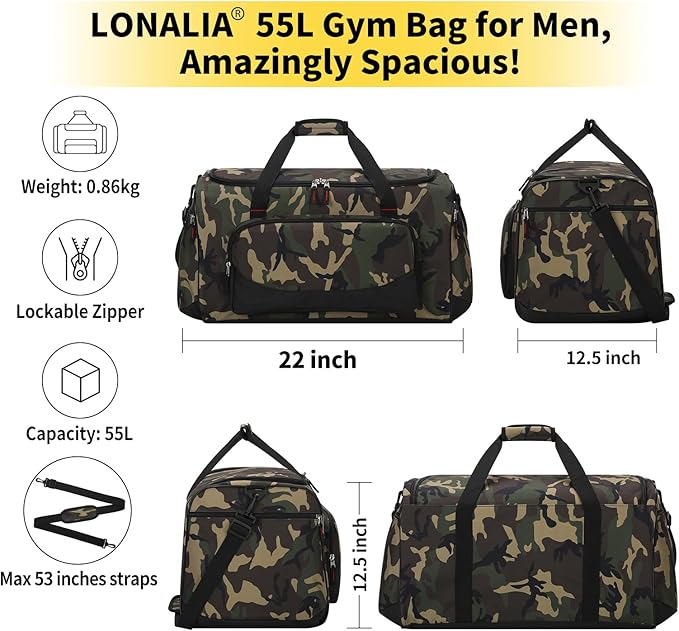 55L Large Sports Duffle Bag for Men - 22 inch Men's Gym Bag Heavy Duty Duffel Bag (Camo)