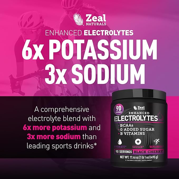 Zeal Electrolyte Powder - 90 Servings | Keto Electrolytes Powder | Zero Sugar, BCAAs, B-Vitamins | Potassium, Zinc, Magnesium | Hydration Powder Recovery Drink | Black Cherry
