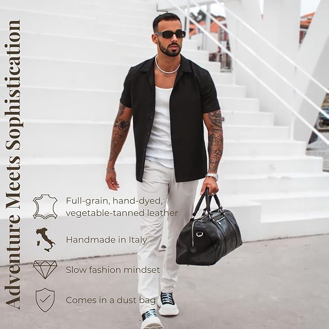 Full Grain Leather Small Duffel Bag Gym Bag Weekender Overnight Unisex Brown - Time Resistance