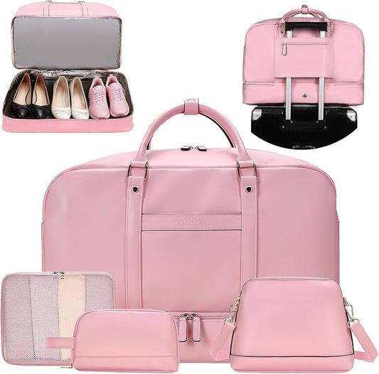 Weekender Bag for Women Men, Large Overnight Bag Faux Leather Travel Duffel Bag with Shoe Compartment Toiletry Packing Cube Carry On Bag Fit 21" Laptop 3Pcs Set (4PCS Pink)