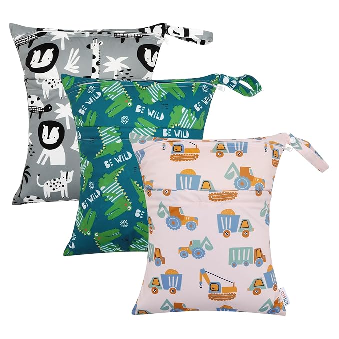 ALVABABY 3pcs Cloth Diaper Wet Dry Bags Waterproof Reusable with Two Zippered Pockets Travel Beach Pool Daycare Soiled Baby Items Yoga Gym Bag for Swimsuits or Wet Clothes 3L-ZM16A