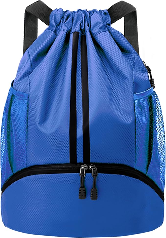 Drawstring Backpack Gym Bag with Shoes Compartment for Soccer, Basketball, Swim, Water-Resistant String Backpack Beach Cinch for Women Men, Blue, Medium