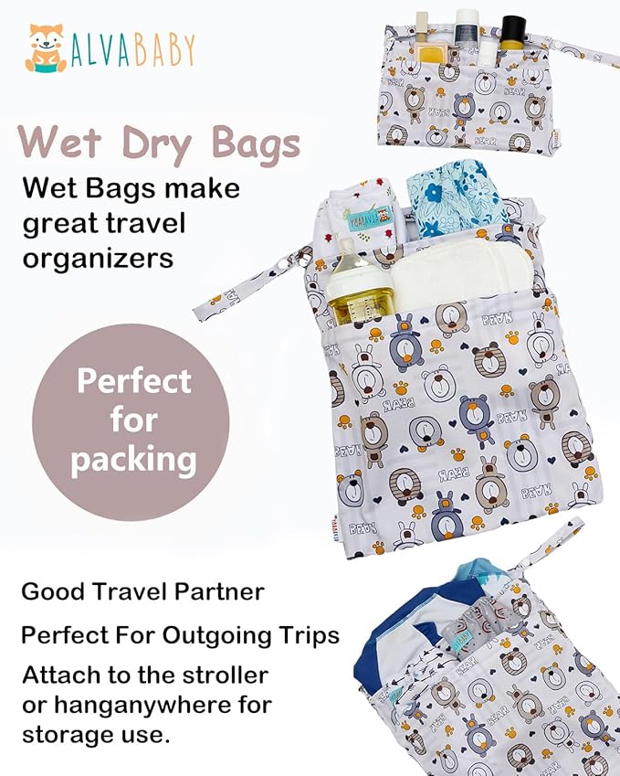 ALVABABY 3pcs Cloth Diaper Wet Dry Bags Waterproof Reusable with Two Zippered Pockets Travel Beach Pool Daycare Soiled Baby Items Yoga Gym Bag for Swimsuits or Wet Clothes 3L-SML11
