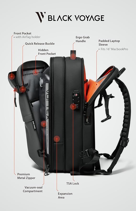 BlackVoyage Vortex Vacuum Seal Travel Backpack 60L Expandable Air Compression System Water Resistant TSA Lock Carry-On Suitcase Luggage Gray AERO - Vacuum Pump Included