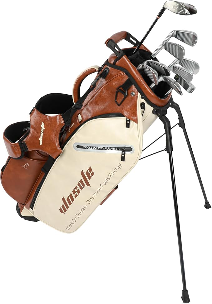 WOSOFE PU Golf Bag with 6/14 Way Top Dividers Automatically Adjustable Dual Straps Elegant Design for Men Women Pu Golf Stand Bag with Multiple Pockets