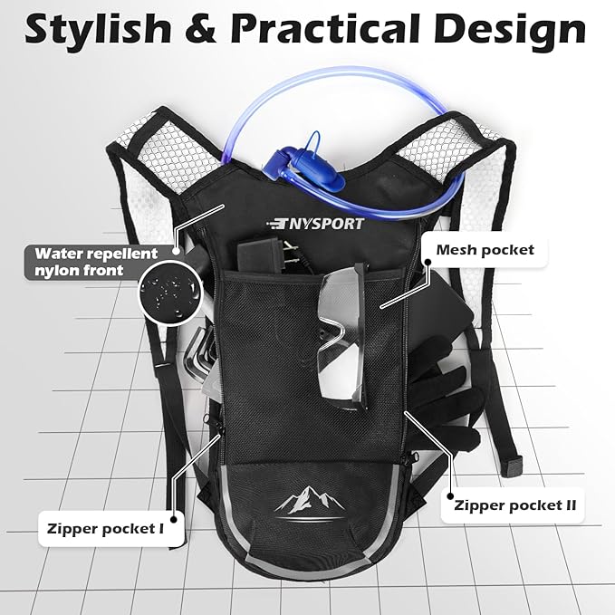 2 Pack Hydration Backpack Pack with 2L Hydration Bladder, TNYSPORT Lightweight Breathable Water Backpack with 3 Layer Pockets, Reinforced Shoulder Straps for Hiking Running Cycling
