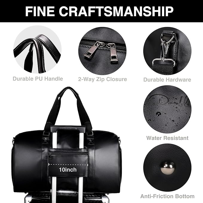 3-in-1 Leather Duffle Bag with Toiletry and Shoe Compartment, Weekender Overnight Gym Bag for Men and Women, Carry On Fits Most 15.6 Inch Laptops(Black)