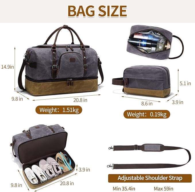 Nerlion Weekender Bag with Shoe Compartment Large Overnight Bag for Men Canvas Genuine Leather Carry on Luggage Bag Travel Duffel Bag(Gray)