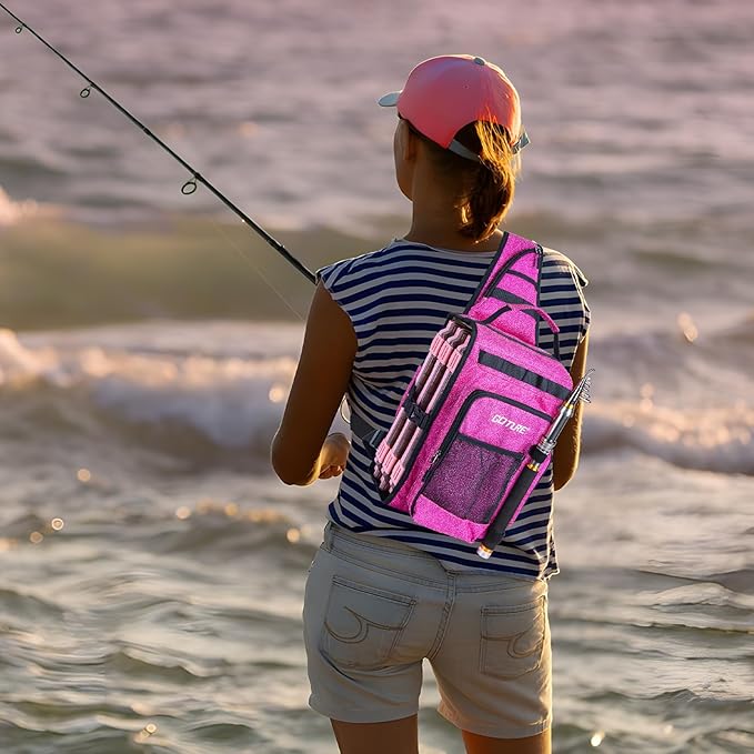 Goture OpenSide Tactical Sling Tackle Bag with 3 Tackle Trays, Lightweight Fishing Backpack Storge Fishing Gear -Shimmering Pink Bag Outdoor,Gift for women