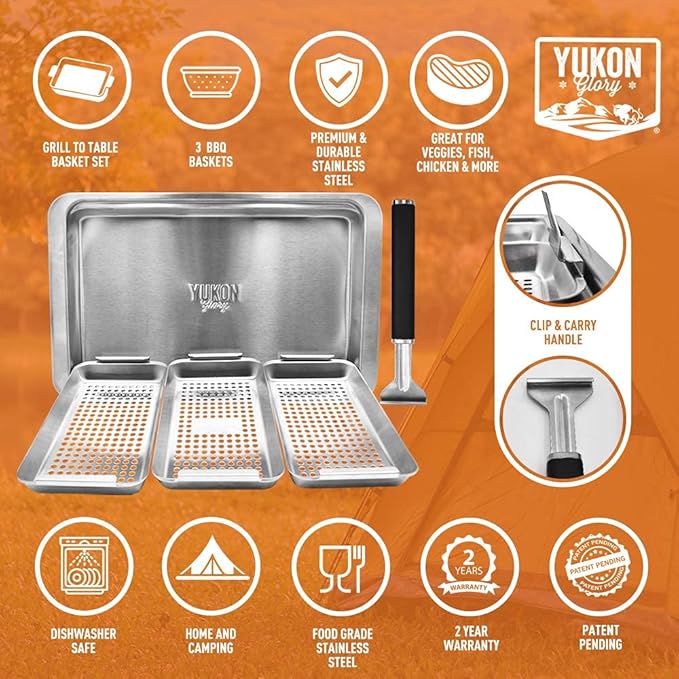 Yukon Glory BBQ Vegetable Grill Basket Set, Stainless Steel, 3 Baskets with Drip Tray & Removable Handle for Fish, Shrimp & Veggies