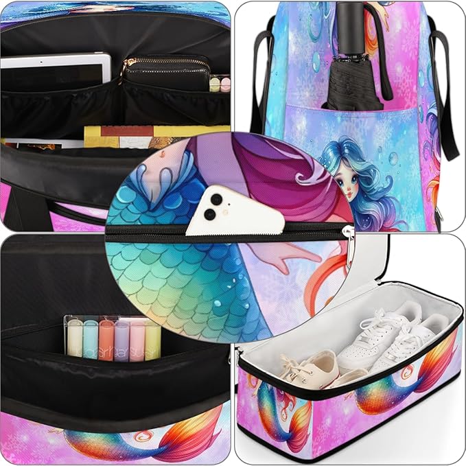 Cute Mermaid Girls Rainbow Travel Duffle Bags With Shoes Compartment for Women Men Weekender Overnight Bag Foldable Sports Tote Gym Carry On Luggage Handlebag for Travel Yoga Hospital Workout