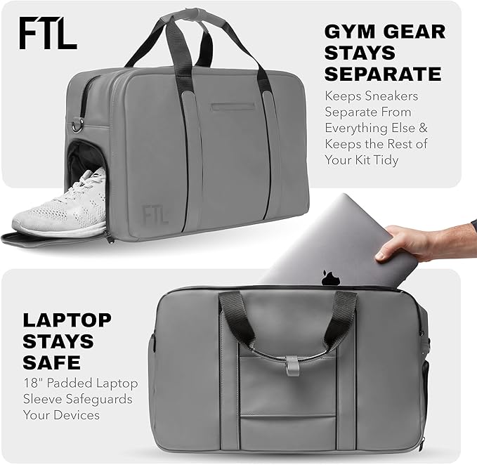 The FTL Pro Mens Travel Bag - 30L Premium Work to Gym Weekender Duffel with Garment Bag, Shoe Space & 18" Laptop Sleeve - Organized Athletic Business Carry On Hybrid, Fits Under Airplane Seat - Grey