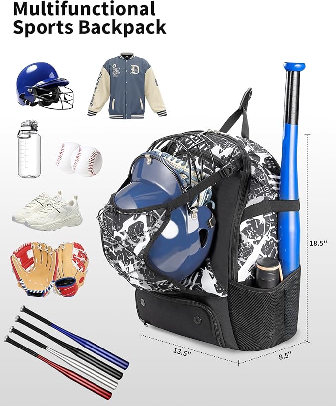 Youth Baseball Bag, Softball Bat Bag for Girls Boys & Adults, Kids Tball Backpack with Shoes Compartment, Large Capacity Equipment Backpack