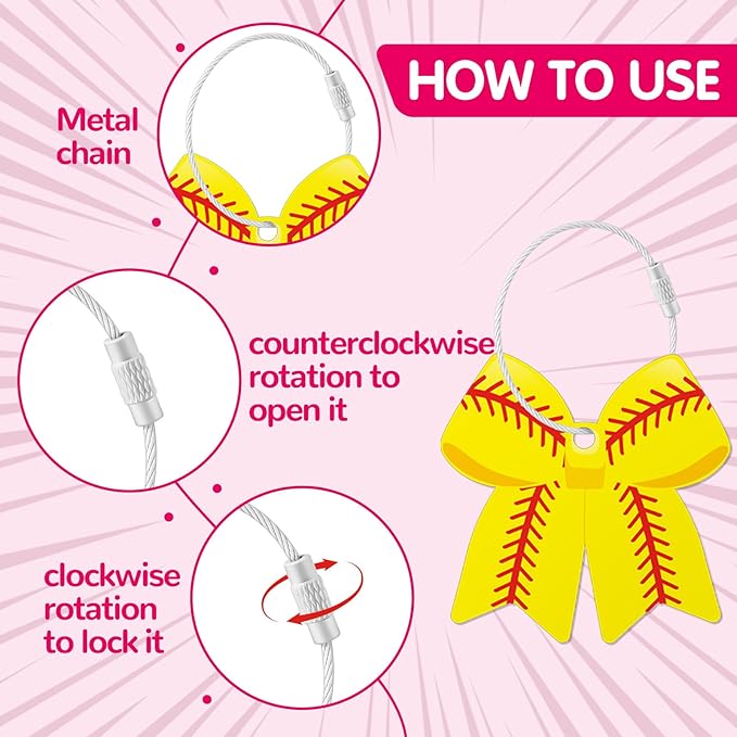 12 PCs Softball Bow Luggage Tags for Suitcases Travel Suitcase Labels with Metal Ring 2.75in Softball Bow Keychain PVC Name Id and DIY Pocket Hug Card for Men Women Travel Bag Suitcase Gift