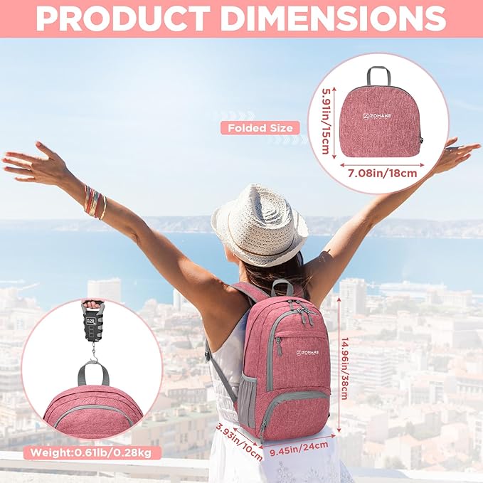 ZOMAKE Ultra Lightweight Packable Backpack 20L,Small Foldable Backpacks Hiking Water Resistant Collapsible Daypack for Women Men(Pink-B2)