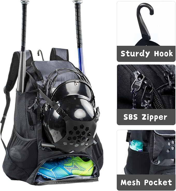 Baseball Backpack for Youth, Boys, Adults - Bat and Softball Equipment Bag With Glove Holder, Helmet, Shoes Compartment - T-Ball Accessories and Baseball Gifts